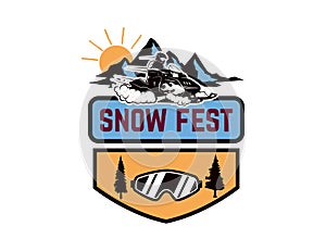 Offroad extreme adventure. Emblem template with snowmobile. Design element for logo, label, emblem, sign.