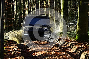 Offroad race on fall nature background. Extreme, challenge and 4x4 vehicle concept Car racing in autumn forest. SUV or