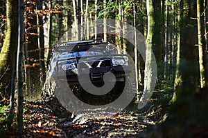 Offroad race on fall nature background. Rallying, competition and four wheel drive concept. Motor racing in autumn