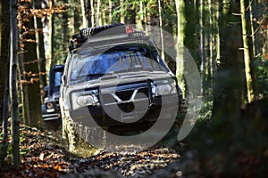 Offroad race on fall nature background. Rallying, competition and four wheel drive concept. Sport utility vehicle or SUV