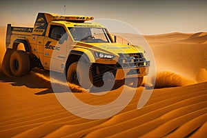 Offroad vehicle in sand dunes in the desert. Yellow rally car with truck wheels, generative ai