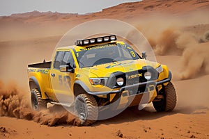 Offroad vehicle in sand dunes in the desert. Yellow rally car with truck wheels, generative ai