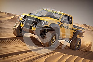 Offroad vehicle in sand dunes in the desert. Yellow rally car with truck wheels, generative ai