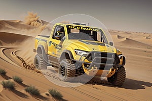 Offroad vehicle in sand dunes in the desert. Yellow rally car with truck wheels, generative ai