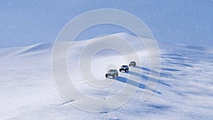 Offroad vehicle SUV on snow slope at snowfall 3D