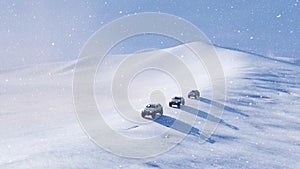 Offroad vehicle SUV on snow slope at snowfall 4K