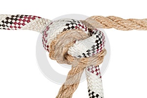 Offset overhand bend joining two ropes close up