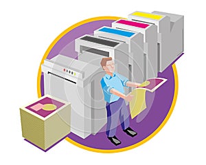 Offset printer at work design and print service vector icon illustration