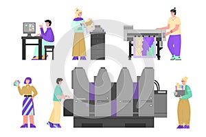 Offset printing service and equipment, flat cartoon vector illustration isolated