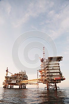 Offshore construction platform for production oil and gas. Oil and gas industry and hard work.