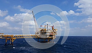 Offshore construction platform for production oil and gas, Oil and gas industry and hard work,Production platform . Oil field