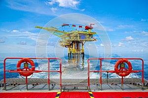 Offshore construction platform for production oil and gas. Oil and gas industry and hard work. Production platform and operation