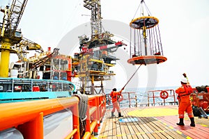 Offshore construction platform for production oil and gas. Oil and gas industry and hard work. Production platform and operation