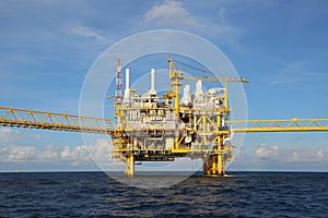Offshore construction platform for production oil and gas, Oil and gas industry and hard work, Production platform and operation