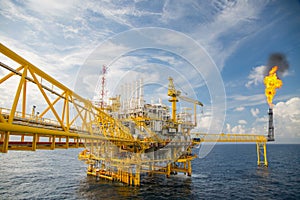 Offshore construction platform for production oil and gas, Oil and gas industry and hard work, Production platform and operation