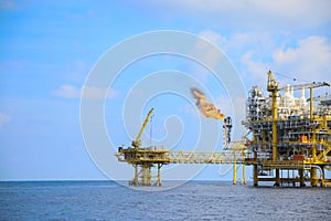 Offshore construction platform for production oil and gas, Oil and gas industry and hard work,Production platform and operation