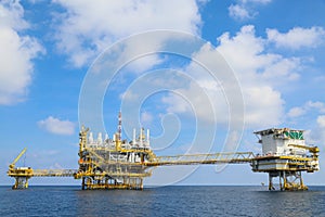 Offshore construction platform for production oil and gas, Oil and gas industry and hard work,Production platform and operation