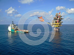 Offshore construction platform for production oil and gas, Oil and gas industry and hard work, Production platform and operation