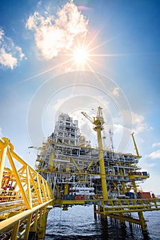 Offshore construction platform for production oil and gas, Oil and gas industry and hard work,Production platform and operation