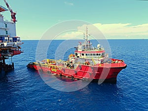 Offshore crane transfer the cargo to supply boat for supporting oil and gas industry