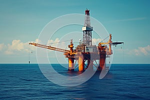 Offshore drilling machine on oil rig in cloudy sky above water