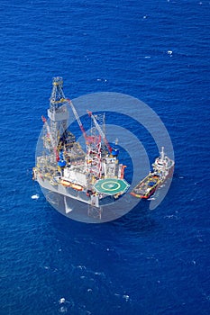 The offshore drilling oil rig top view from aircraft.