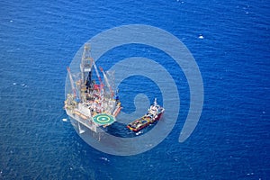 The offshore drilling oil rig top view from aircraft. photo