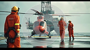Offshore drilling platform with transport helicopter on landing zone