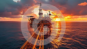 Offshore drilling rig in ocean at sunset, with boat on water