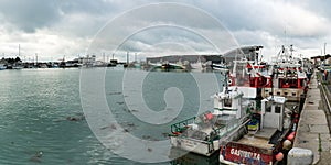 Offshore fishing boats in the commercial harbor and port of Granville on the Normandy coast