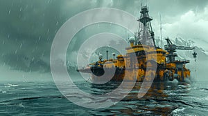 Offshore industrial platform for oil and gas production in the ocean underwater, concept of oil production and oil