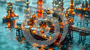 Offshore industrial platform for oil and gas production in the ocean underwater, concept of oil production and oil