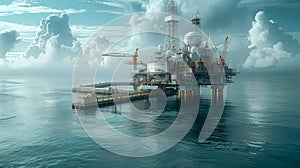 Offshore industrial platform for oil and gas production in the ocean underwater, concept of oil production and oil