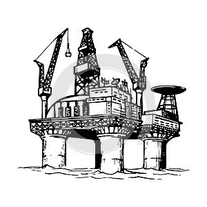 Offshore oil drilling platform. Sketch style drawing isolated on a white background.