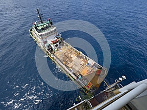 Offshore oil and gas industry and operated by technician petroleum. Worker walking to oil and gas plant for work as routine plan.