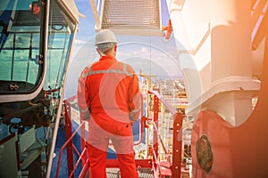 Offshore oil and gas industry and operated by technician petroleum. Worker walking to oil and gas plant for work as routine plan.