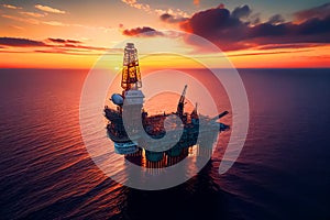 Offshore oil and gas. Oil rig in sea on sunset, Crude Oil production, aerial view.