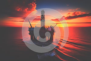 Offshore oil and gas. Oil rig in sea on sunset, Crude Oil production, aerial view.