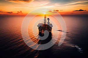 Offshore oil and gas. Oil rig in sea on sunset, Crude Oil production, aerial view.