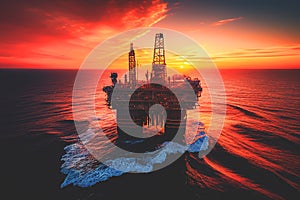 Offshore oil and gas. Oil rig in sea on sunset, Crude Oil production, aerial view.