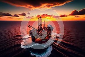 Offshore oil and gas. Oil rig in sea on sunset, Crude Oil production, aerial view.