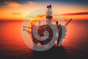 Offshore oil and gas. Oil rig in sea on sunset, Crude Oil production, aerial view.