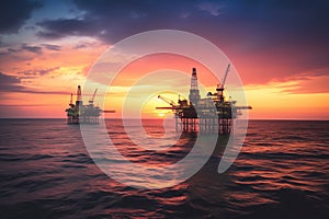 Offshore oil and gas. Oil rig in sea on sunset, Crude Oil production, aerial view.