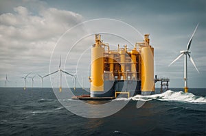 Offshore oil and gas production petroleum pipeline and wind turbine in the sea