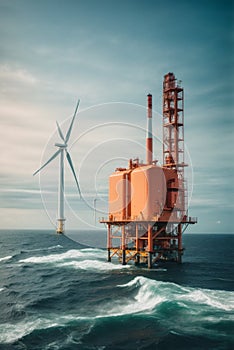 Offshore oil and gas production petroleum pipeline and wind turbine in the sea