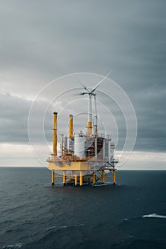 Offshore oil and gas production petroleum pipeline and wind turbine in the sea