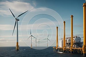 Offshore oil and gas production petroleum pipeline and wind turbine in the sea