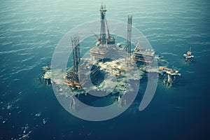 Offshore oil and gas production platform in the sea. 3d rendering, Aerial view of an oil and gas platform in the sea, representing