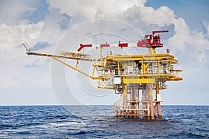 Offshore oil and gas wellhead remote platform where gases and crude produced then sent to central processing platform.