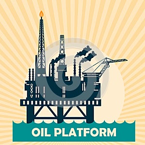 Offshore oil platform design concept set with petroleum. Helipad, cranes, derrick, hull column, lifeboat